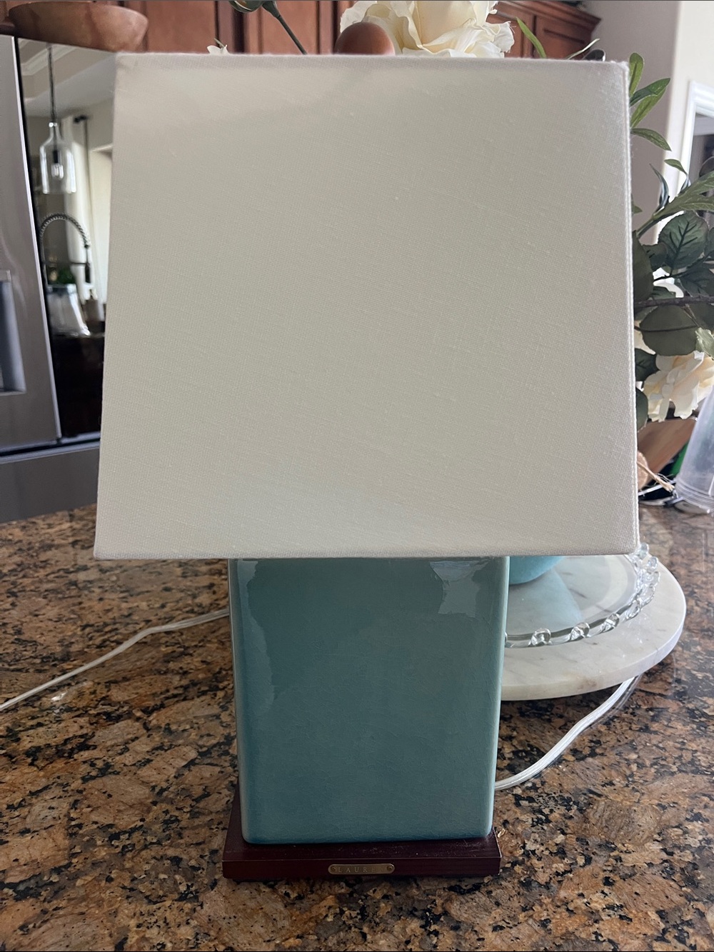 EUC Ralph Lauren teal blue crackle, porcelain w/shade wood finial table lamp